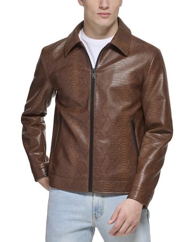 DKNY Faux Leather Classic Laydown Collar Bomber Jacket - Brown