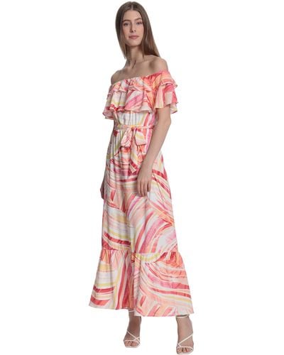 Donna Morgan Womens Painterly Stripe Printed Maxi With Off The Shoulder Ruffle And Bottom Skirt Tier Dress - Pink
