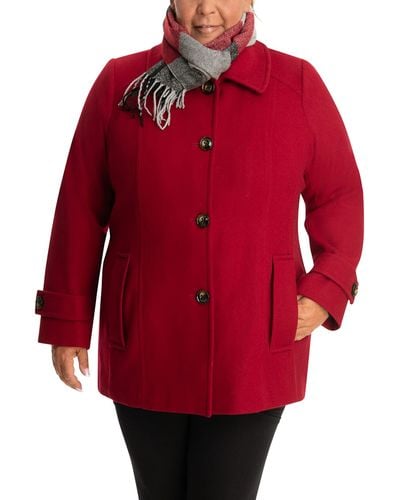 London Fog Single-breasted Plus Size Wool Blend Coat With Scarf - Red