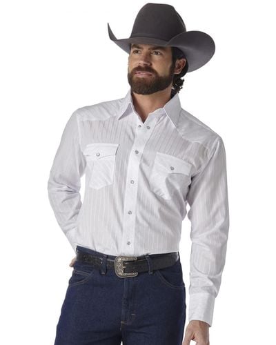 Wrangler Mens Sport Western Two Pocket Long Sleeve Snap Button Down Shirts - White