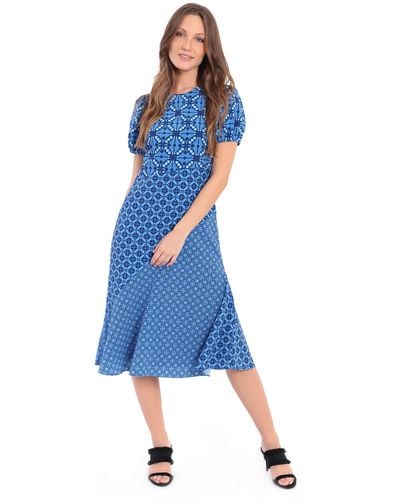 Donna Morgan Jewel Neck Bias Slip Dress With Short Ruched Sleeve - Blue