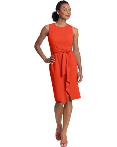 Donna Morgan Sleeveless Dress With Waist Tie And Faux Wrap Waterfall Ruffle Skirt - Red