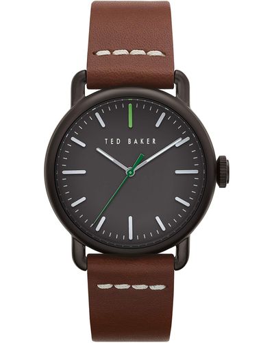 Ted Baker Watches Tomcoll Stainless Steel Quartz Watch With Leather Calfskin Strap - Brown