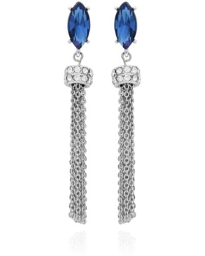 Guess Silvertone Blue Glass Stone Long Drop Fringe Linear Earrings