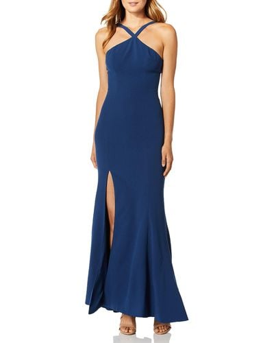 Dress the Population Womens Brianna Halter Mermaid Fitted Long Gown Maxi Dress - Blue