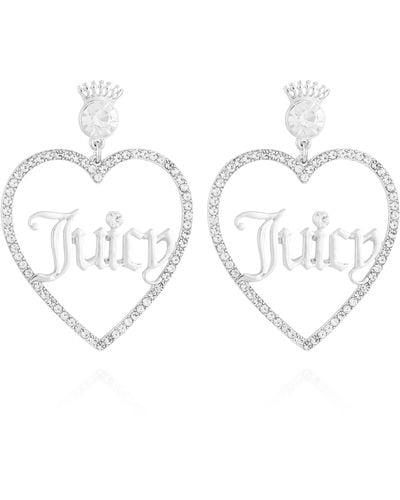 Juicy Couture Silvertone Crystal Glass Stone Heart Drop Logo Earrings - Metallic