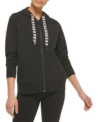 DKNY Logo Drawstring Zip Up Hoodie - Black