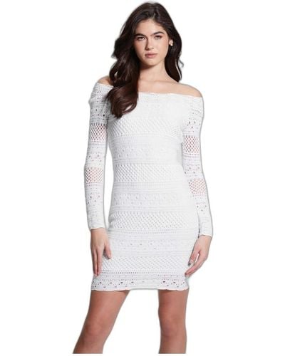 Guess Long Sleeve Open Back Crochet Amelie Dress - White