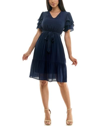 Nanette Lepore Carribean Texture Dress With Self Tie Belt And Tiered Flutter Sleeve - Blue