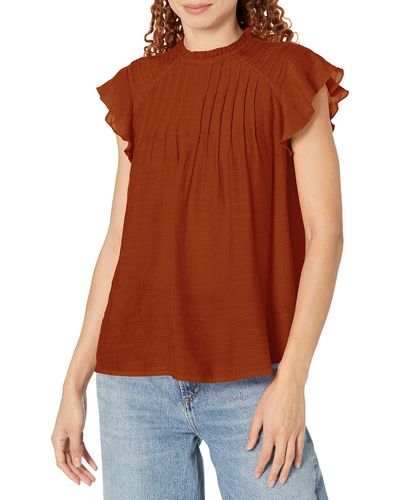 Nanette Lepore Short Sleeve High Ruffle Neck Woven Top With Pintuck Details - Orange