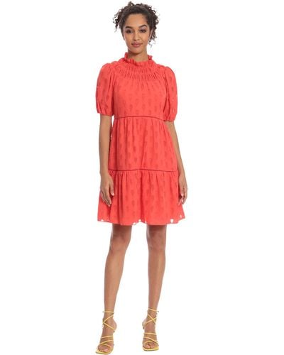 Donna Morgan Smocked Mock Neck Dress With Short Puff Sleeves And Tiered Body With Ladder Trim Detail