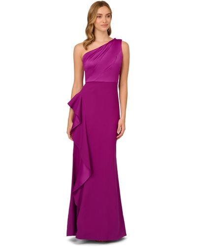 Adrianna Papell One Shoulder Stretch Crep And Satin Cascade Gown - Purple