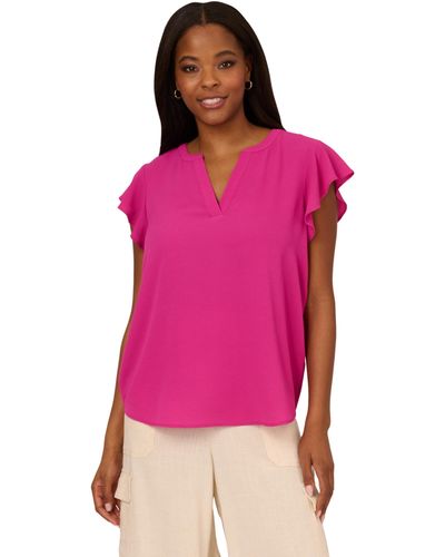 Adrianna Papell Solid Short Ruffle Sleeve Popover Blouse - Pink