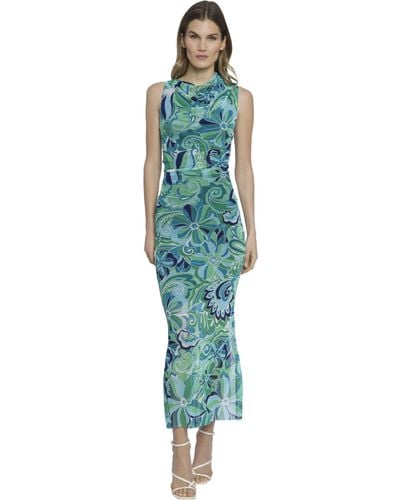 Donna Morgan Side Pleat Maxi Dress With Gathered Neck And Asymmetric Shoulders - Green