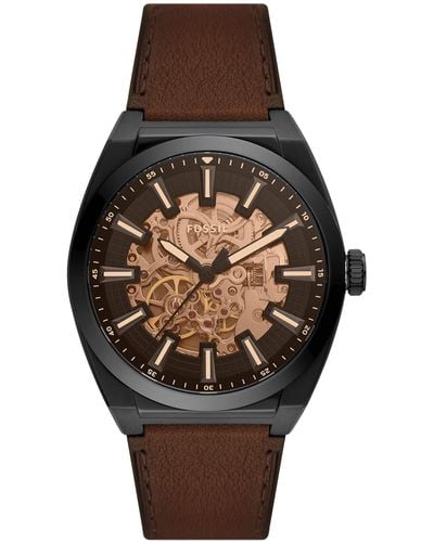 Fossil Everett Automatic Stainless Steel And Leather Three-hand Watch - Multicolor