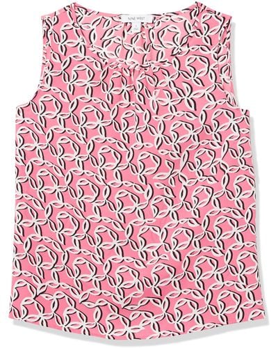 Nine West Sleeveless Printed Blouse With Ruched Neckline - Pink