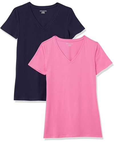 Amazon Essentials T-Shirt Col en V à ches Courtes Coupe Classique - Rose