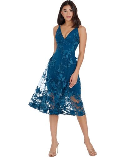 Dress the Population Audrey Spaghetti Strap Midi A-line 3d Floral Dress - Blue
