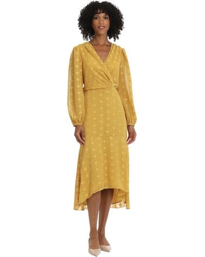 Maggy London V-neck Surplus Bodice Faux Wrap High-low Dress Event Occasion Guest Of Wedding - Yellow