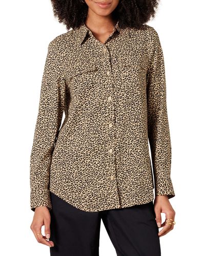 Amazon Essentials Camisa de Georgette de ga Larga y Corte Holgado con Bolsillos Mujer - Marrón