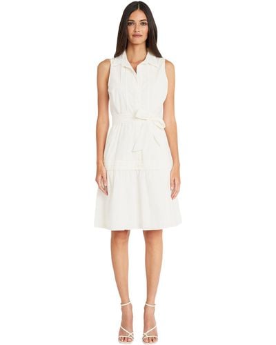 Maggy London Sleeveless Collared Button Front Summer Dress For With Waist Tie And Pleat Details - White