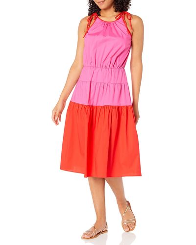 Maggy London London Times Plus Size Color Block Shoulder Tie Halter A-line Dress - Red