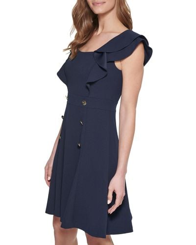 DKNY Petite Double Ruffle Sleeve Fit And Flare Dress - Blue
