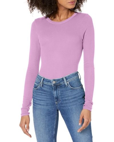 Enza Costa Womens Stretch Silk Rib Fitted Long Sleeve Crew Neck Top T Shirt - Purple