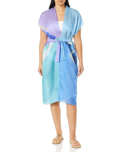 Gottex Standard Short Sleeve Belted Kimono Wrap Swimsuit Cover Up - Blue