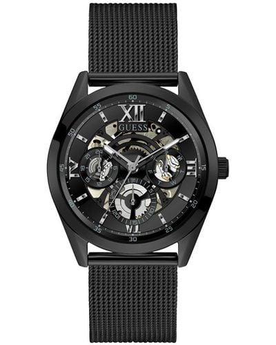 Guess S Dress Multifunction 42mm Watch – Black Stainless Steel Case With Black Skeleton Dial & Mesh