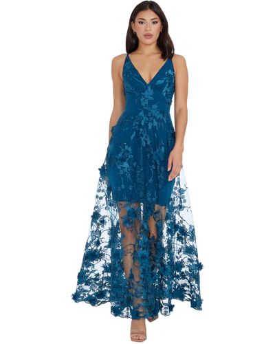 Dress the Population S Embellished Plunging Gown Sleeveless Floral Long Dress - Blue