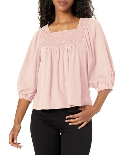 Lucky Brand Womens Tonal Embroidered Square Neck Blouse - Pink