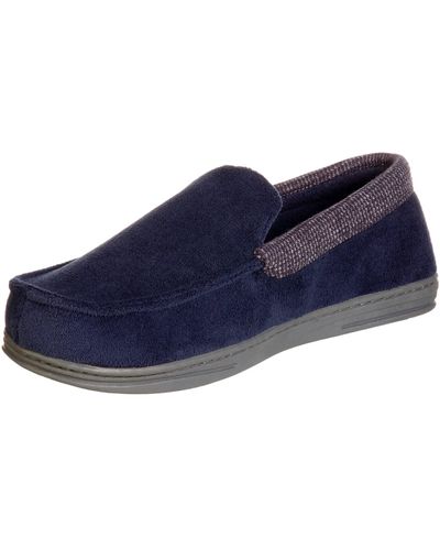 Isotoner Microterry And Waffle Travis Moccasin Slippers With Memory Foam Insole And Durable Rubber Outsole - Blue
