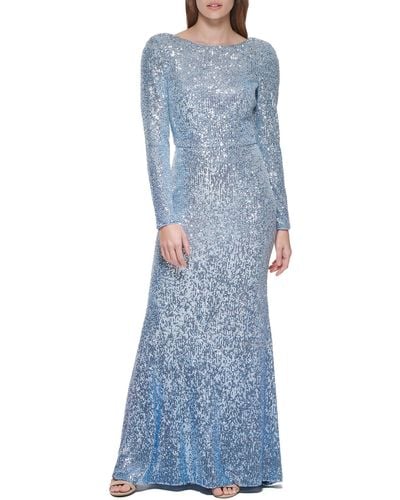 Eliza J Long Sleeve Boat Neck Sequin Gown Dress - Blue