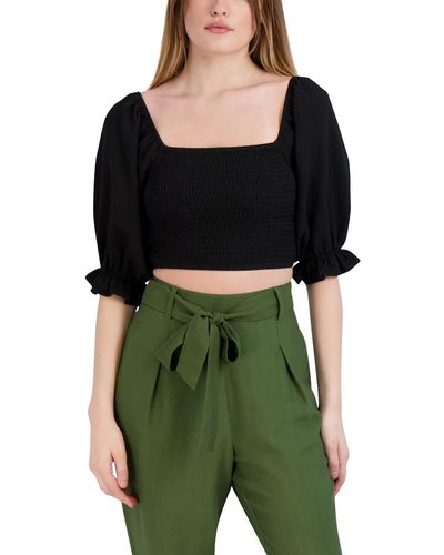 BCBGeneration Womens Fitted Short Puff Sleeve Smocked Bodice Crop Top Shirt - Green