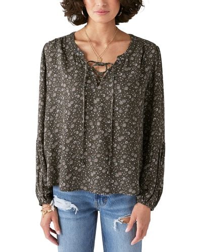 Lucky Brand Long Sleeve Printed Lace Up Blouse - Black