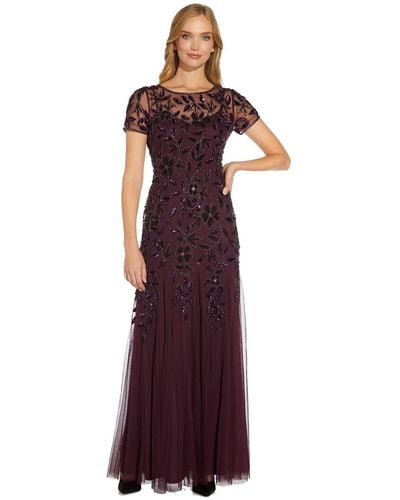 Adrianna Papell Short-sleeve Floral Beaded Godet Gown - Red
