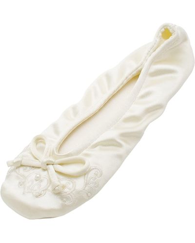 Isotoner Satin Ballerina Slippers With Embroidered Pearl Ballet Flat - White