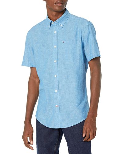 Tommy Hilfiger Linen Short Sleeve Button Down Shirt In Regular Fit - Blue