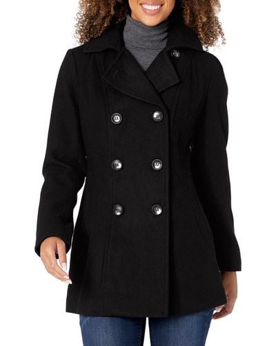 Nautica Womens Double Breasted Peacoat With Removable Hood Pea Coat - Black