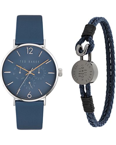 Ted Baker Gents Blue Leather Strap Watch & Leather Bracelet Box Set