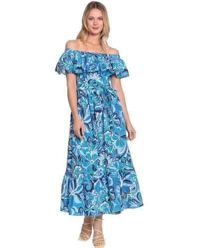 Donna Morgan Ruffle Off The Shoulder Maxi With Waist Tie And Tiered Hem - Blue