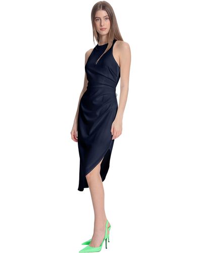 Donna Morgan Sleeveless Bodycon Dress With Side Pleat Tucks And Asymmetric Hem - Blue