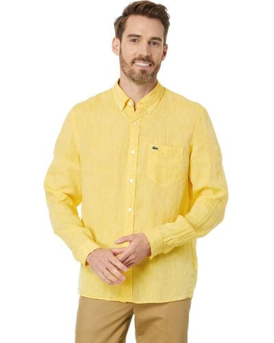 Lacoste Long Sleeve Regular Fit Linen Button-down With Front Pocket - Yellow