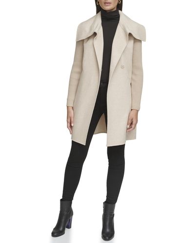 Kenneth Cole Oversized Collar Full Length Wool Blend Jacket - Natural