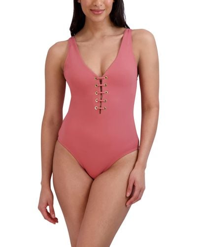 BCBGMAXAZRIA Standard One Piece Swimsuit Lace Up Grommet Tummy Control Quick Dry Bathing Suit - Red