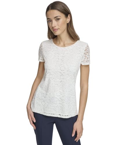 Tommy Hilfiger Lace Scoop Neck Short Sleeve Woven Top Blouse - White