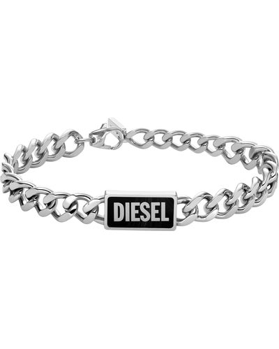 DIESEL Silver Stainless Steel And Black Agate Logo Id Bracelet - Metallic