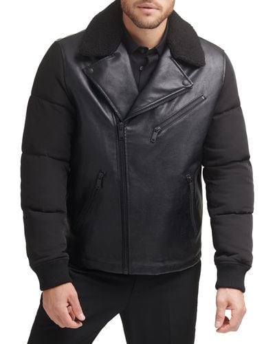DKNY Mixed Media Faux Leather With Puffer Sleeves - Black