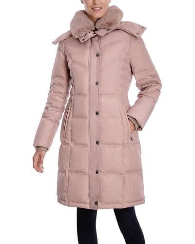 London Fog Chevron Coat With Faux Fur Trimmed Hood - Pink